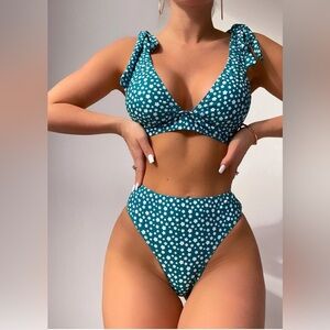 SHEIN Blue and White Bikini V-Neck High-Waisted